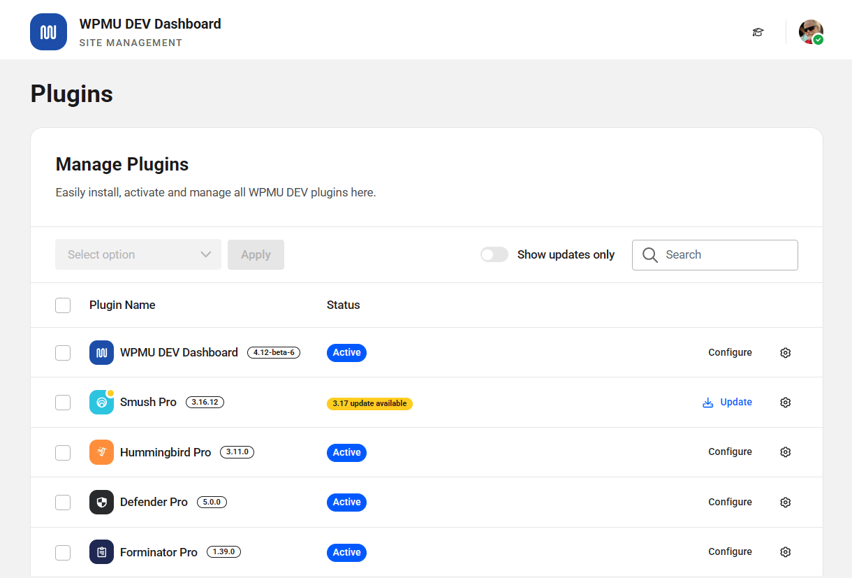 WPMU DEV Dashboard plugins manager
