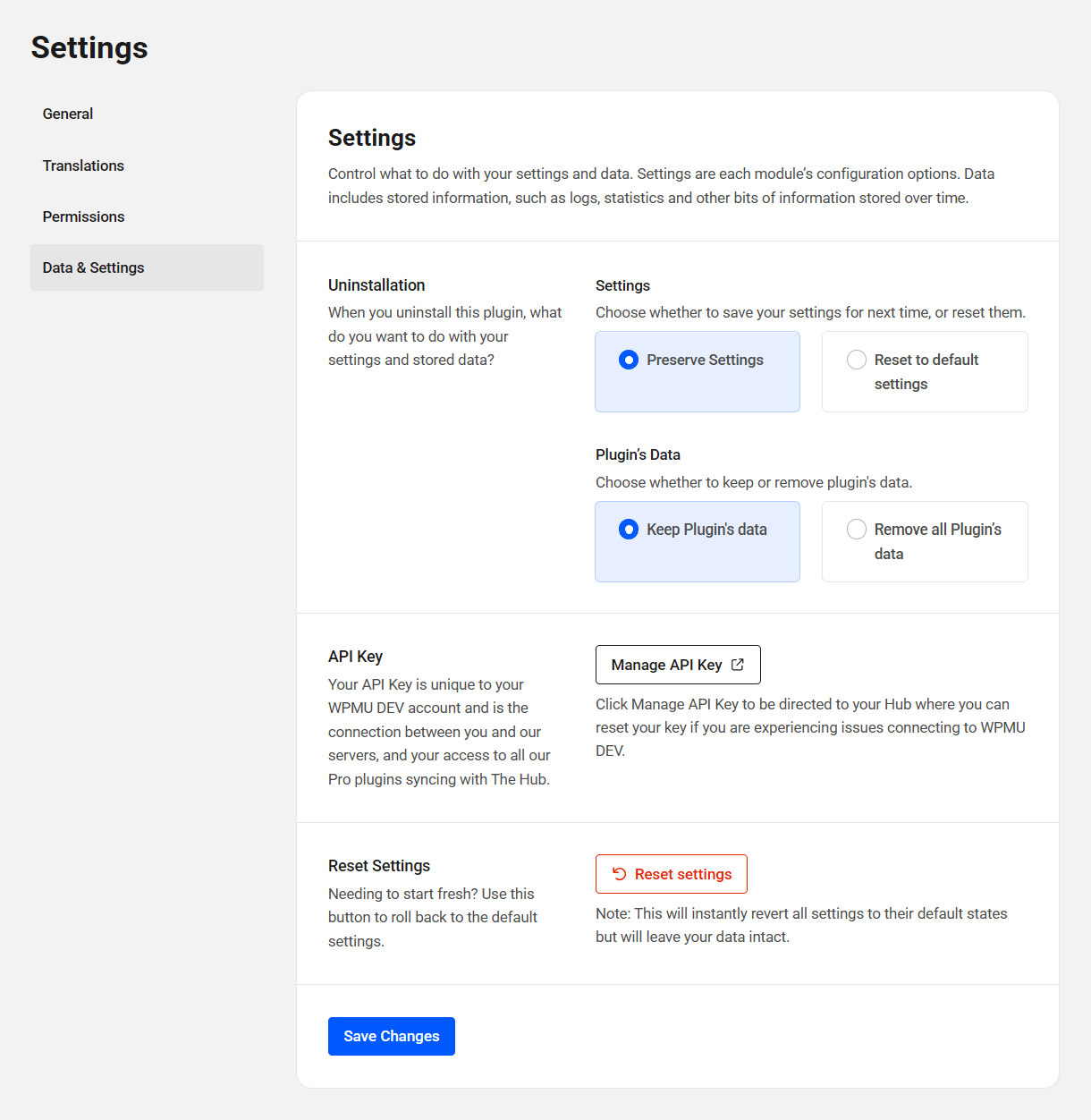 WPMU DEV Dashboard data settings