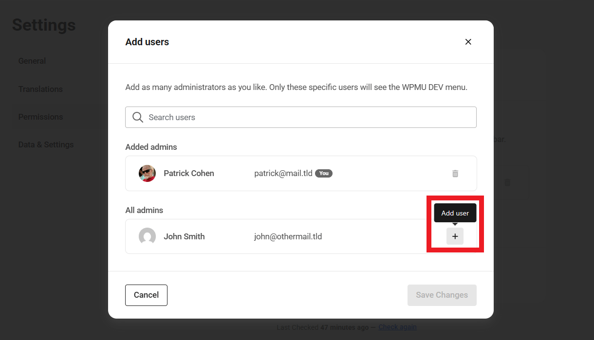 Add a user in WPMU DEV Dashboard permissions settings
