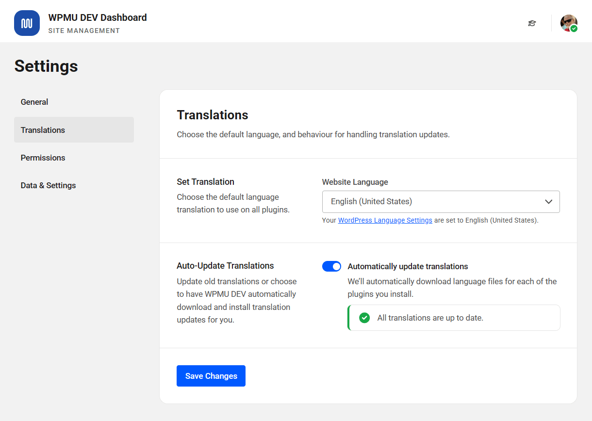 WPMU DEV Dashboard translation settings