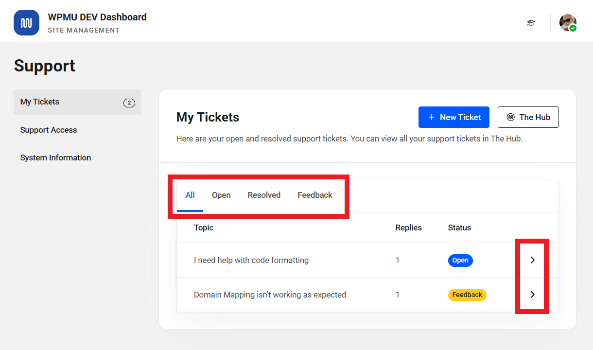 Sort and view support tickets in the WPMU DEV Dashboard