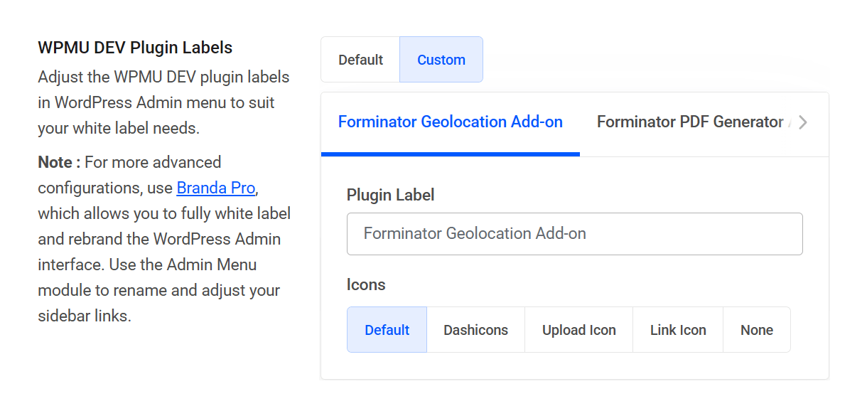 Whitelabel plugin labels and icons