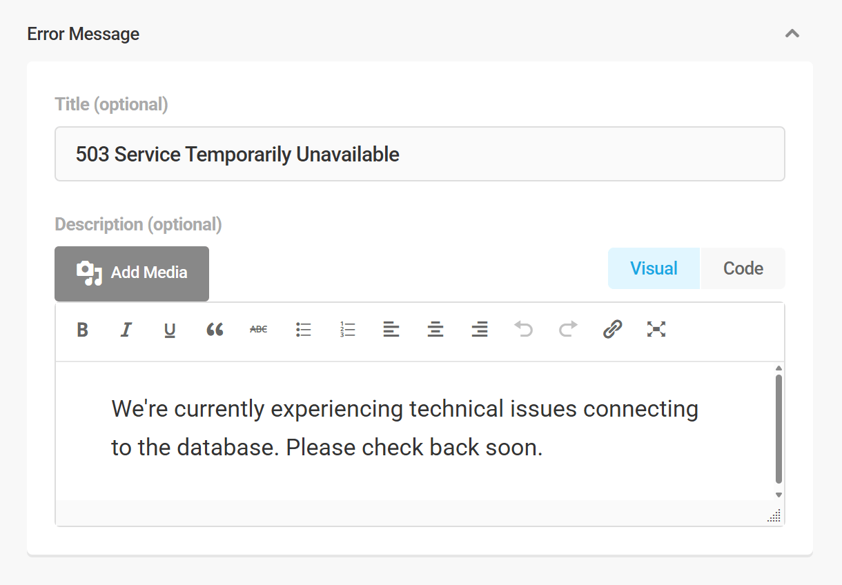 Branda DB Error page message