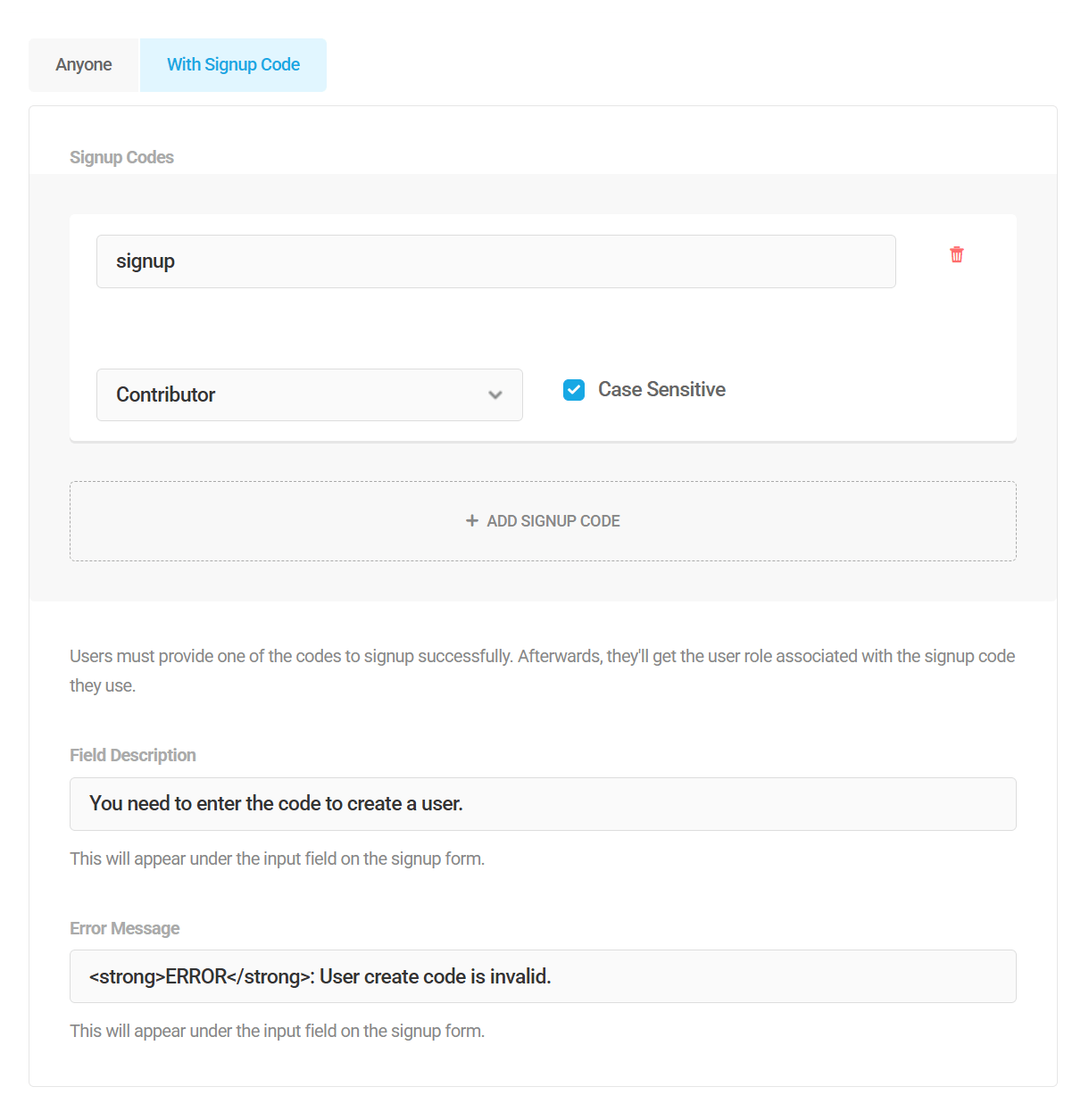 Activate Branda signup screen signup code for user registration