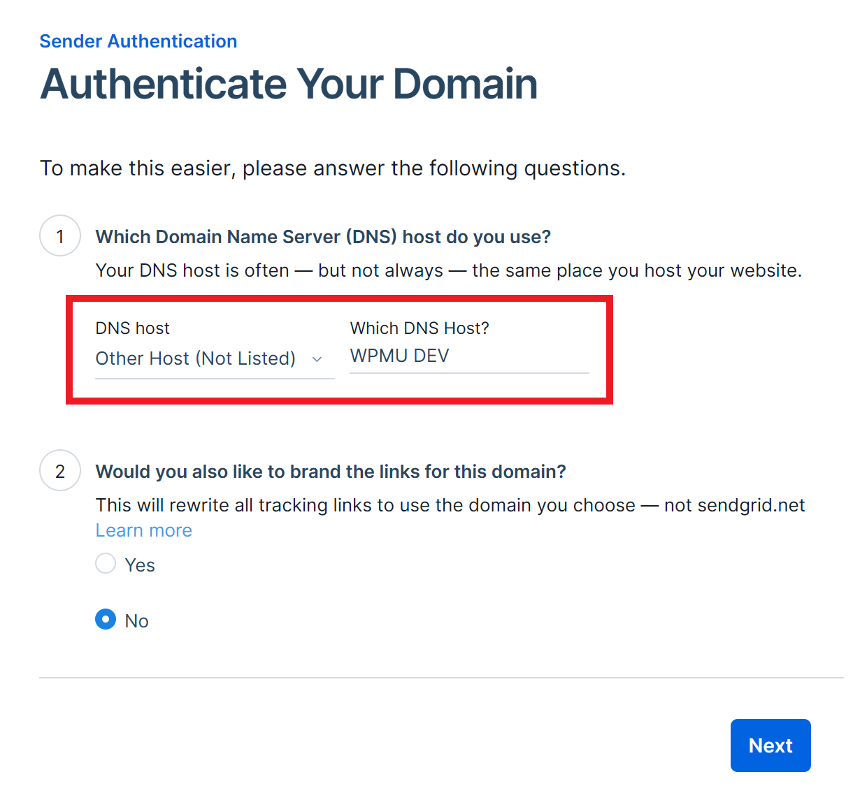 Sendgrid authentication (step 2)
