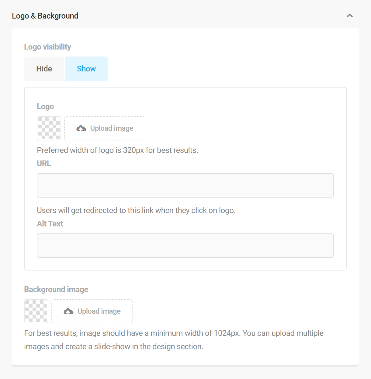 Branda website mode logo and background options