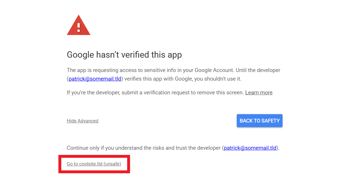 Authorize unverified app