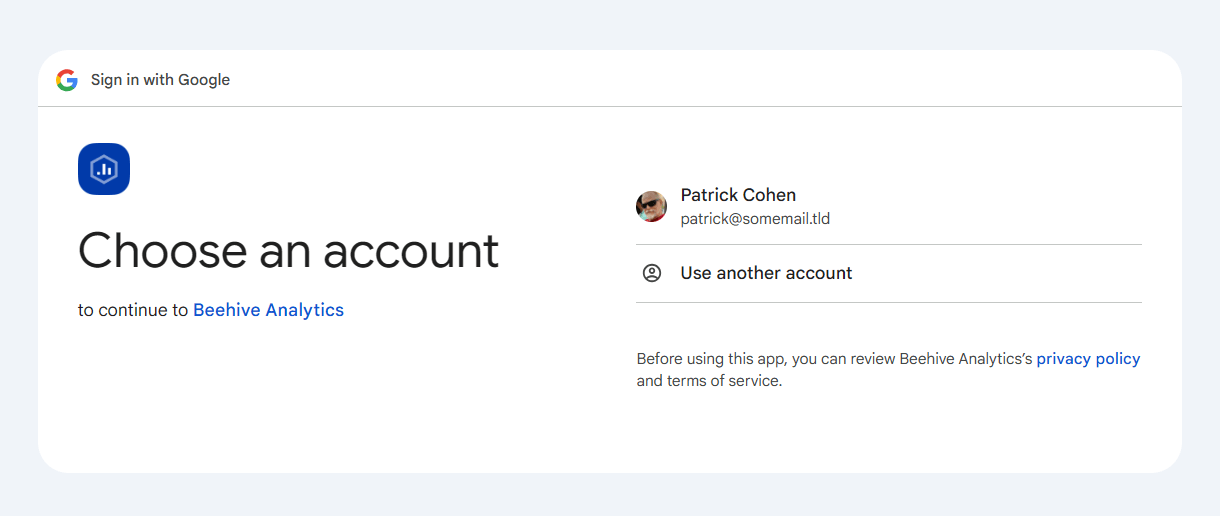 Select Google account to connect to Beehive