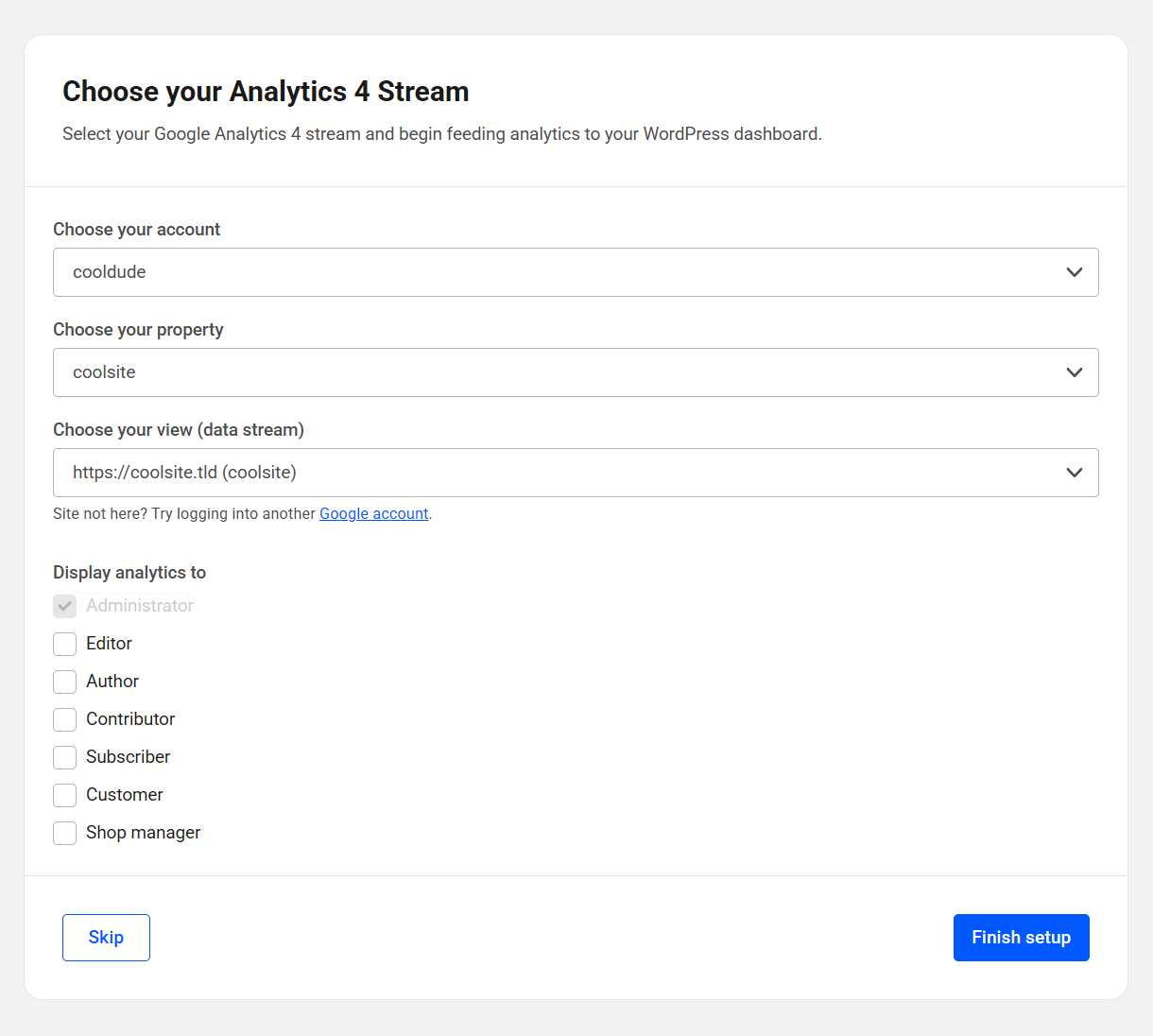 Configure Google Analytics account in Beehive quick setup