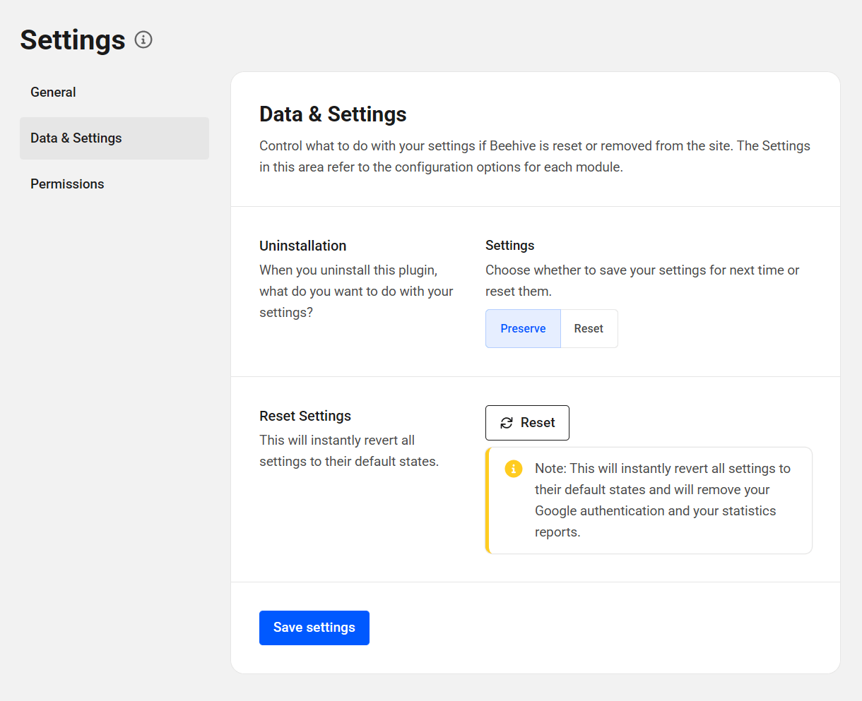 Data settings tab in Beehive