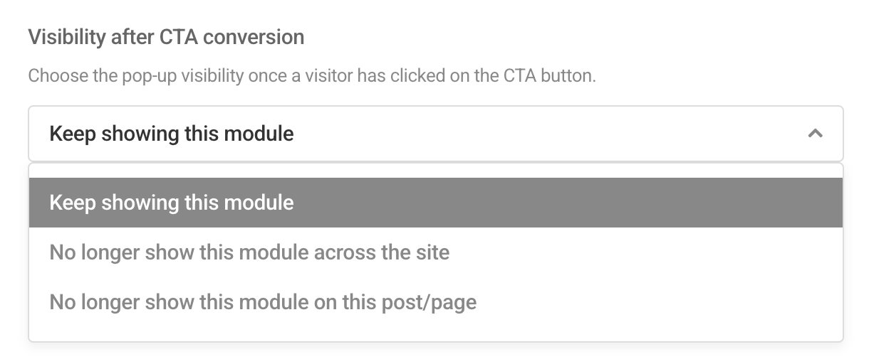 Options for module visibility after CTA click in Hustle module