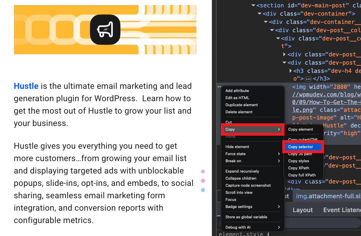 Get an element CSS selector in browser console
