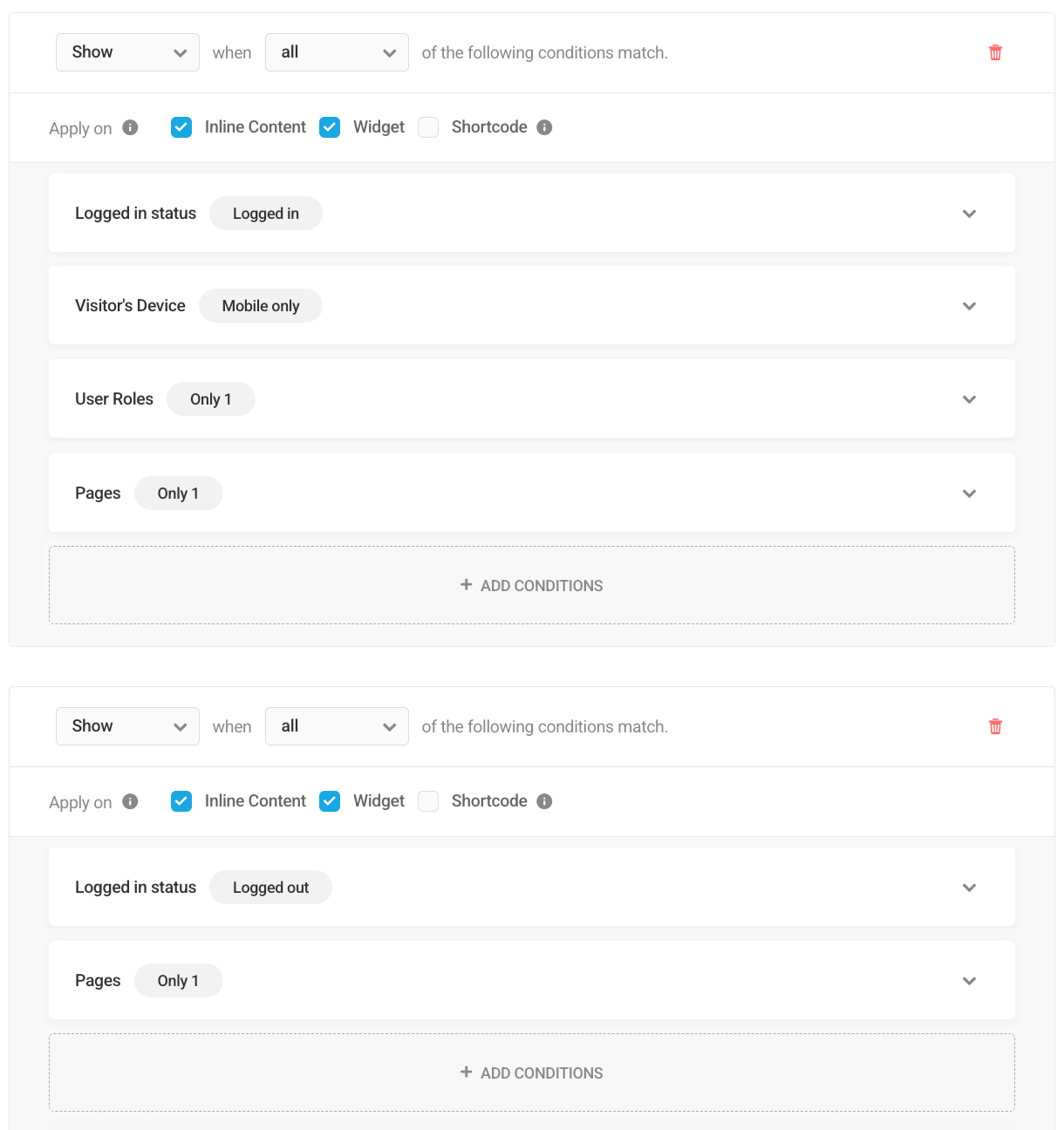 Example of condition groups in Hustle visibility options