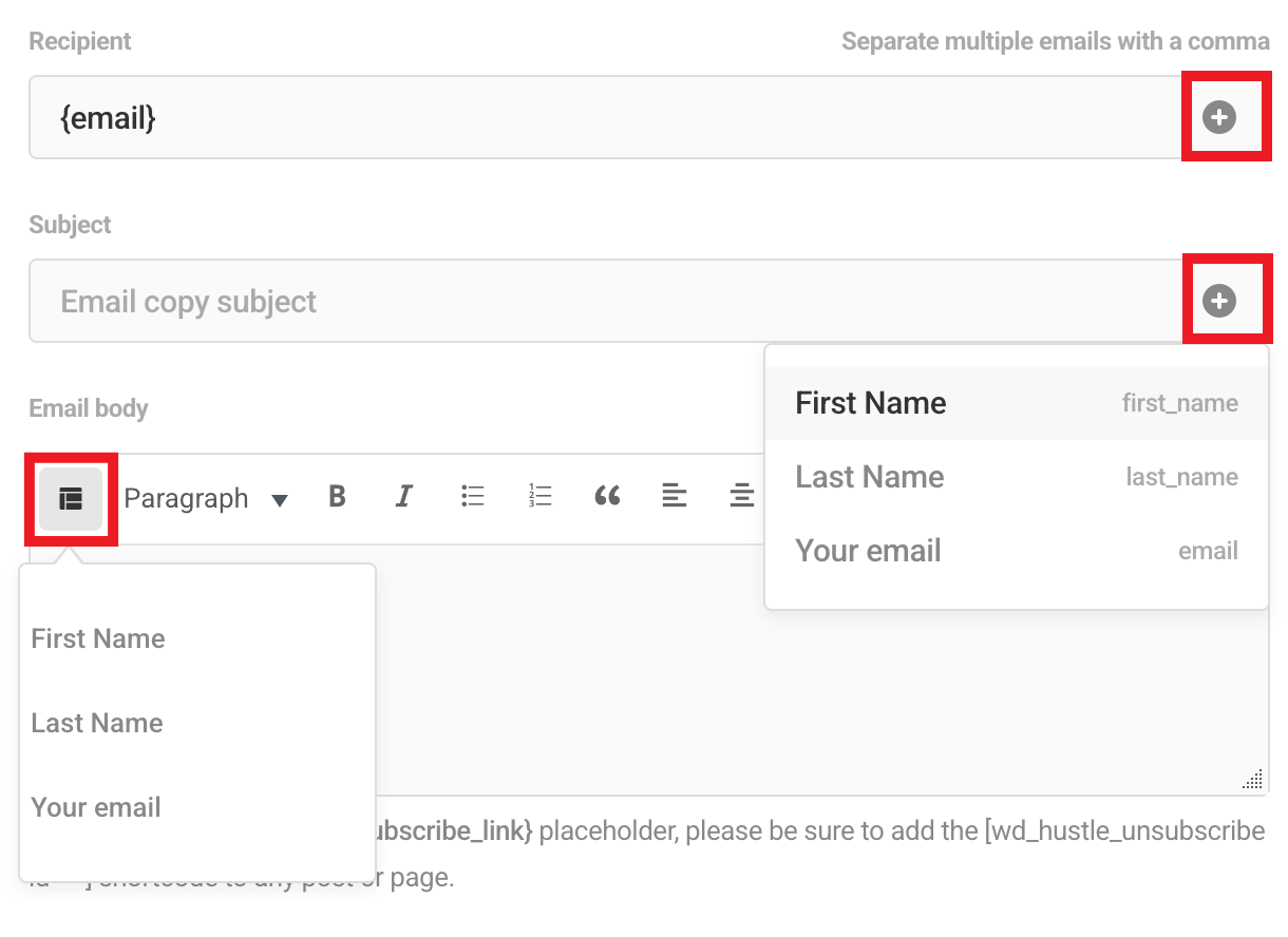 Personalize emails with field values in Hustle