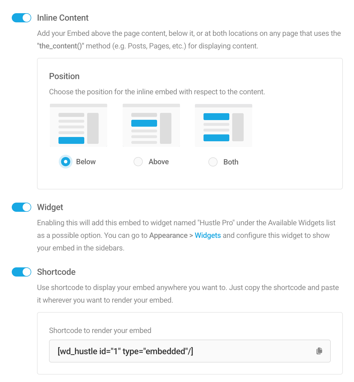 Display options in Hustle embed module