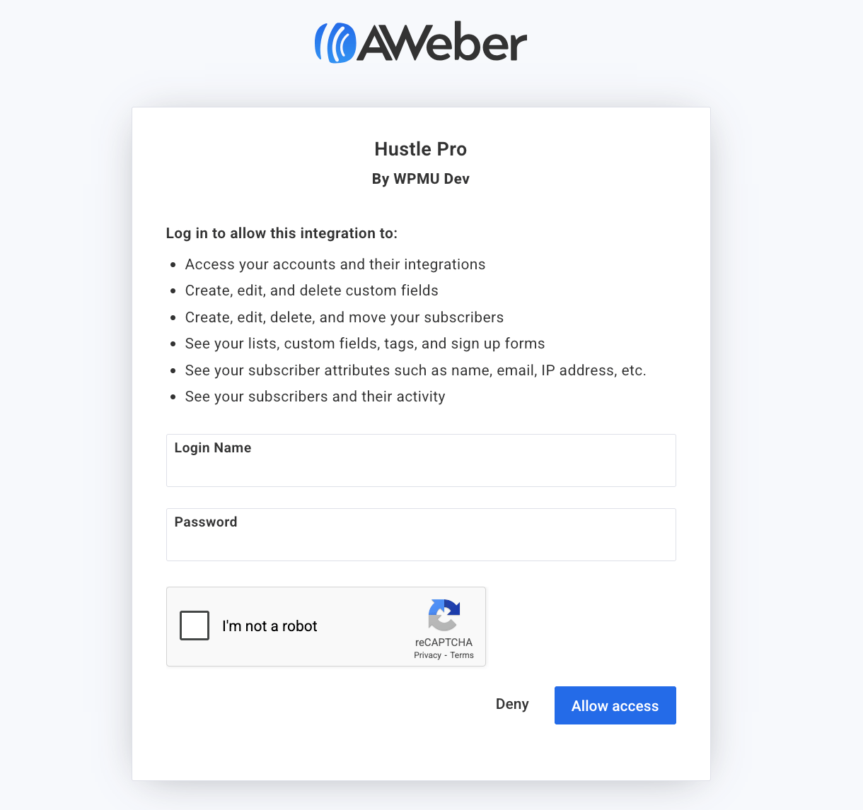 Authorize Aweber integration with Hustle
