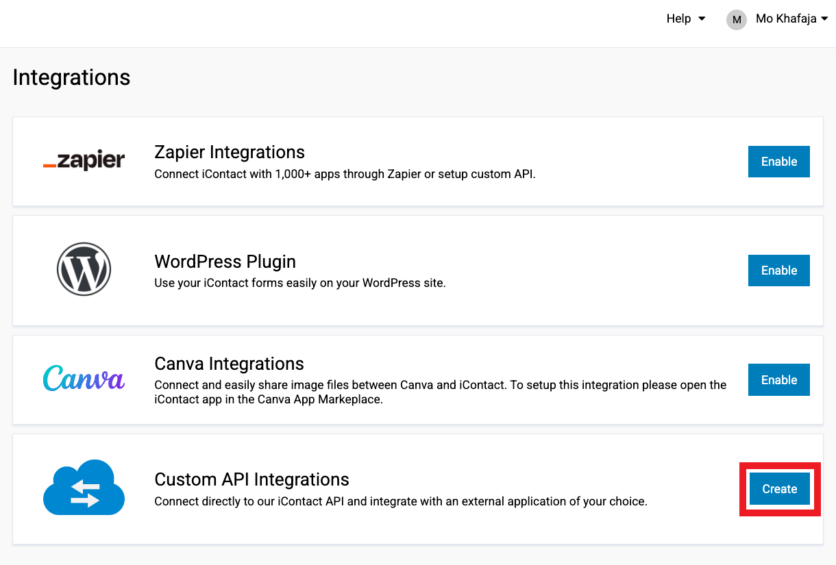 Step 2 to create new app at iContact for integration with Hustle