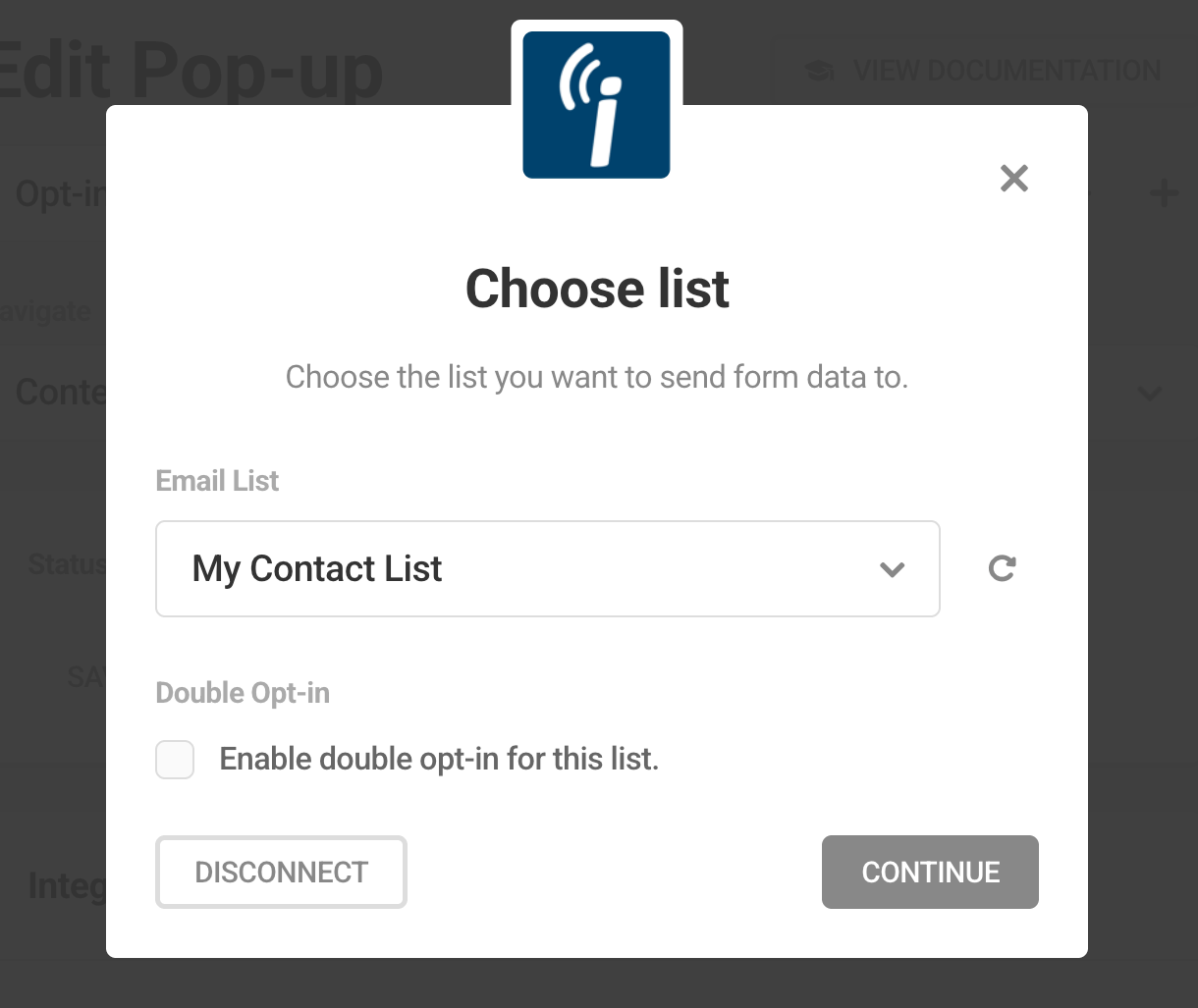 Select iContact list in Hustle opt-in module