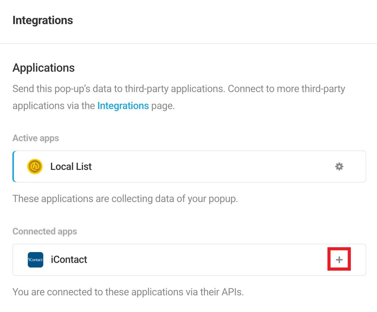 Select iContact integrated app in Hustle opt-in module