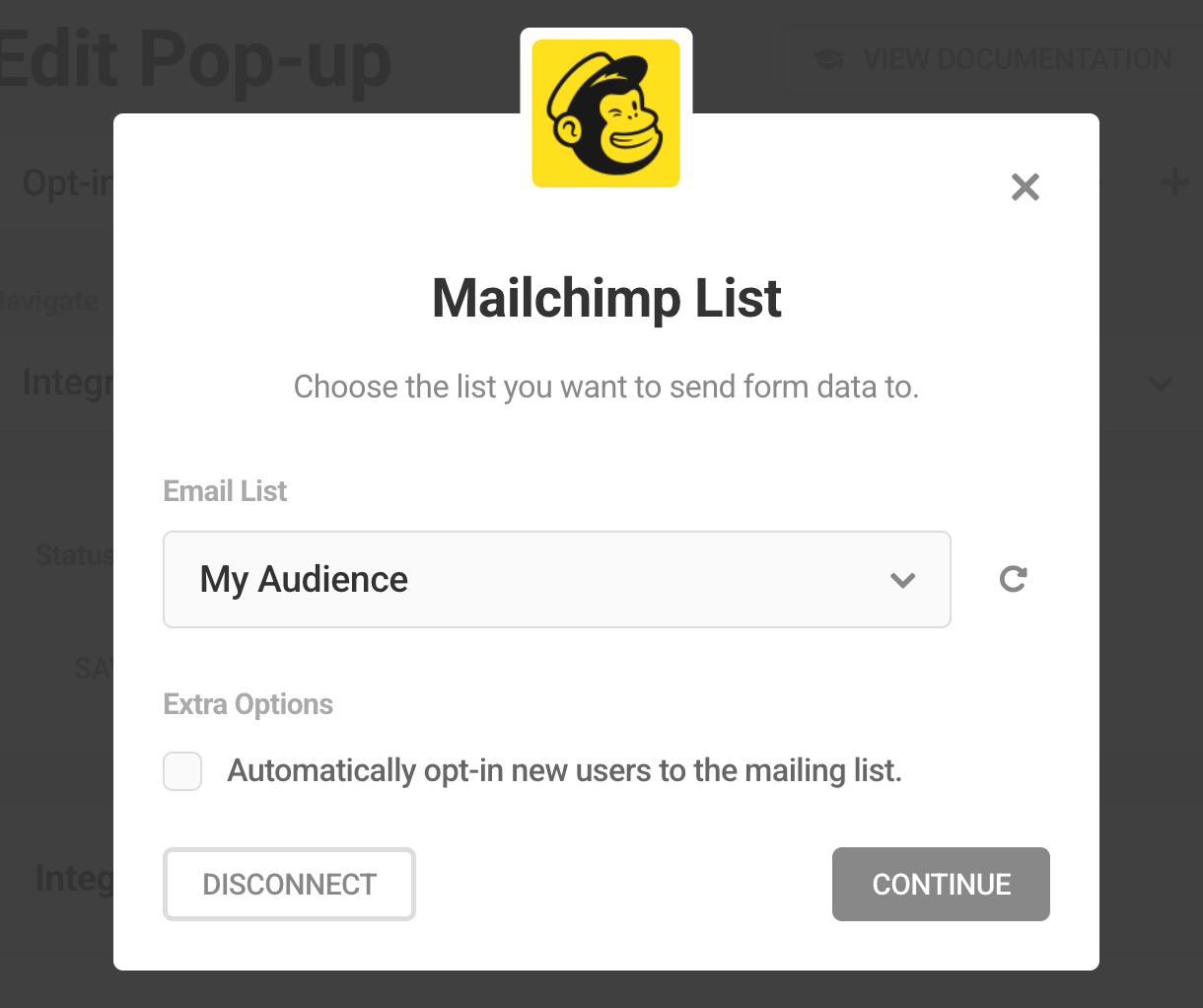 Select Mailchimp list in Hustle opt-in module