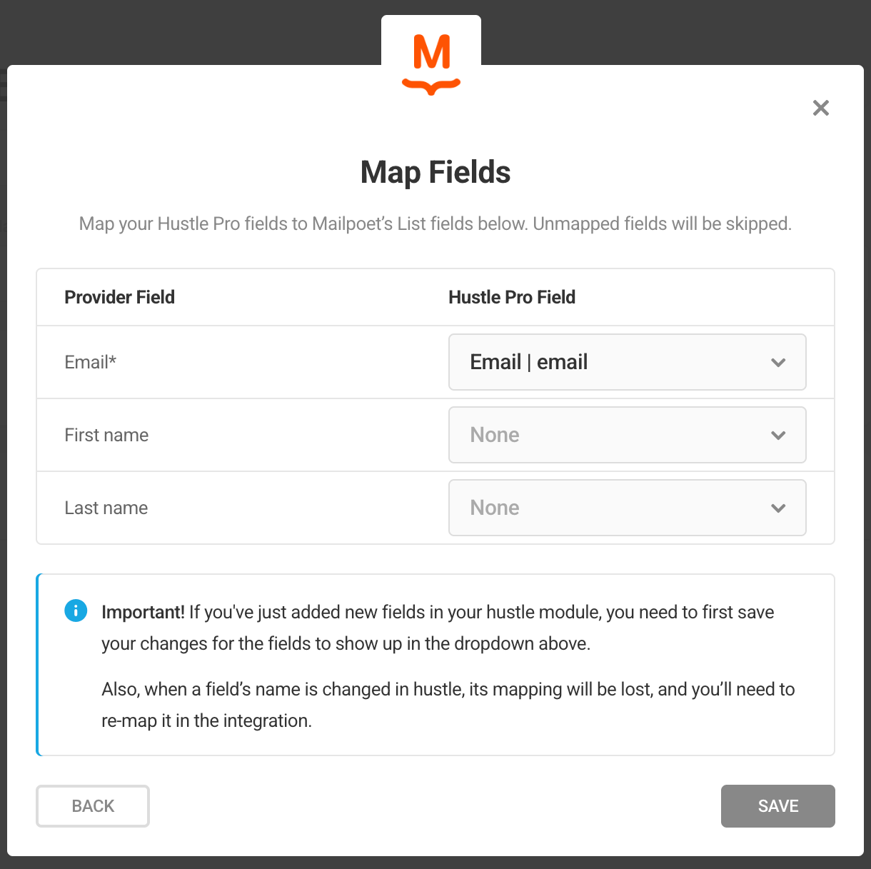Map Mailpoet fields to Hustle opt-in module