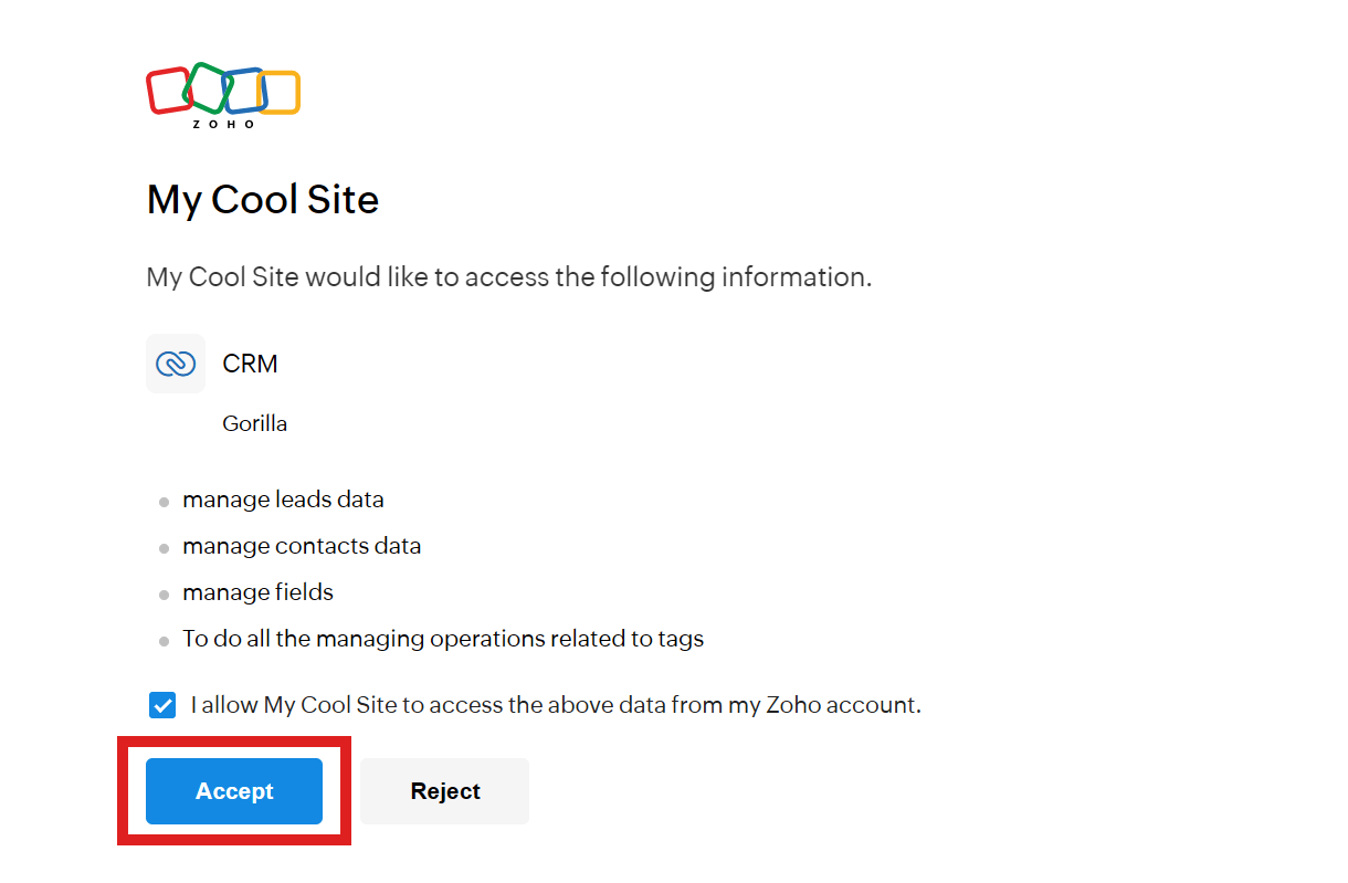 Authorize Zoho to connect with Hustle