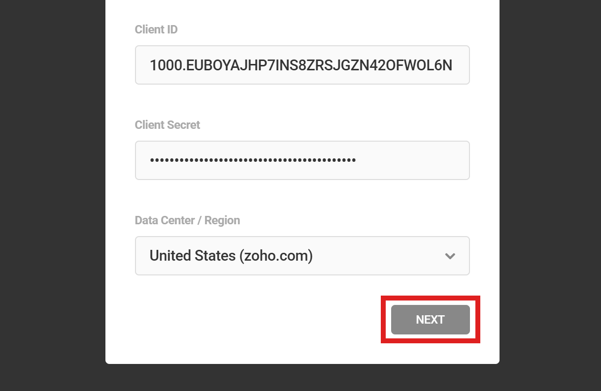 Enter credentials to connect Zoho to Hustle