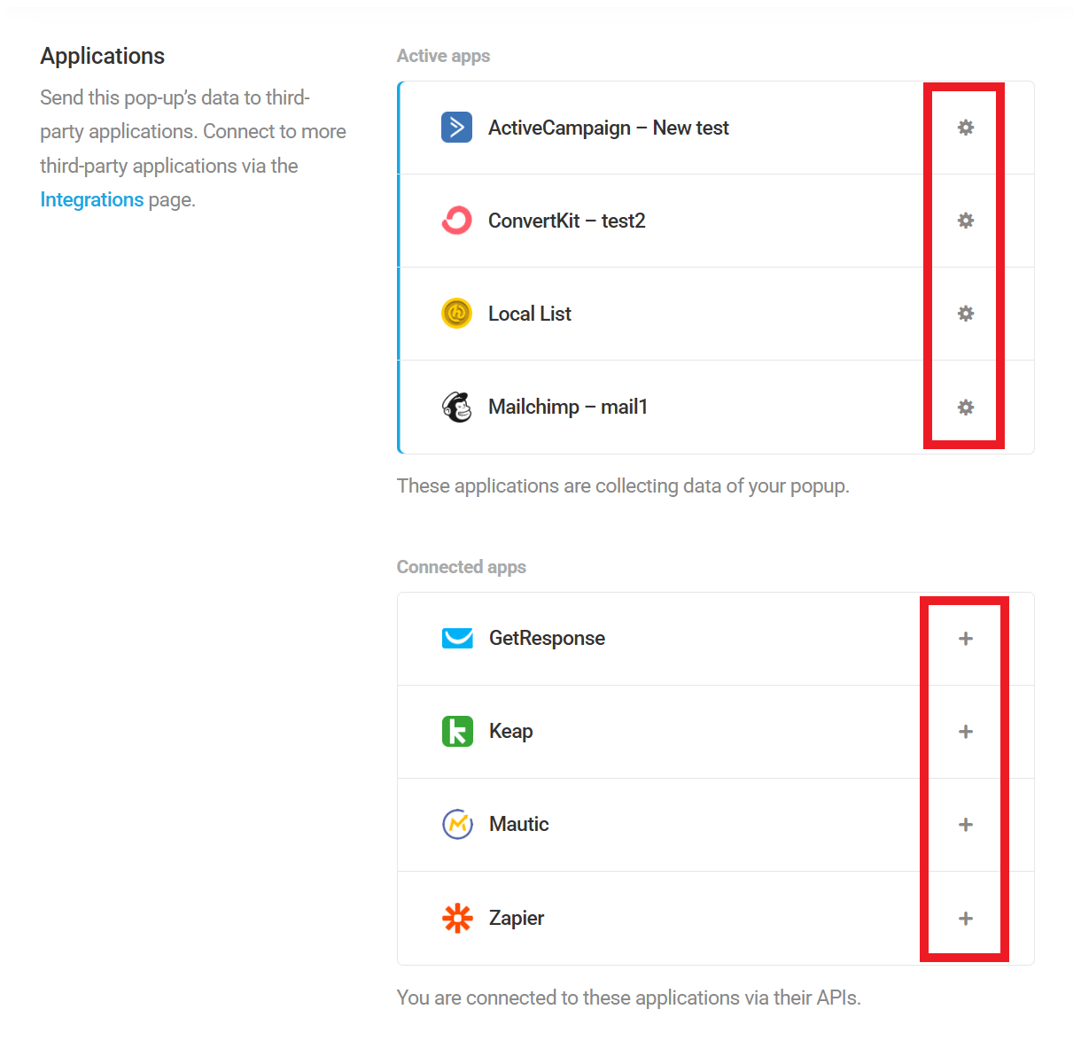 3rd-party integrations connected to a Hustle opt-in