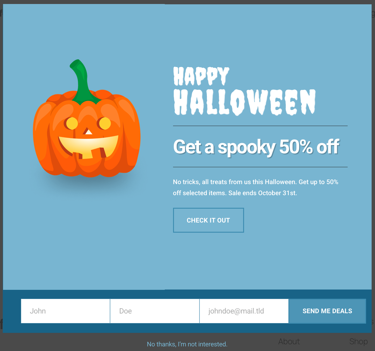 Hustle popup appearance colors example blue