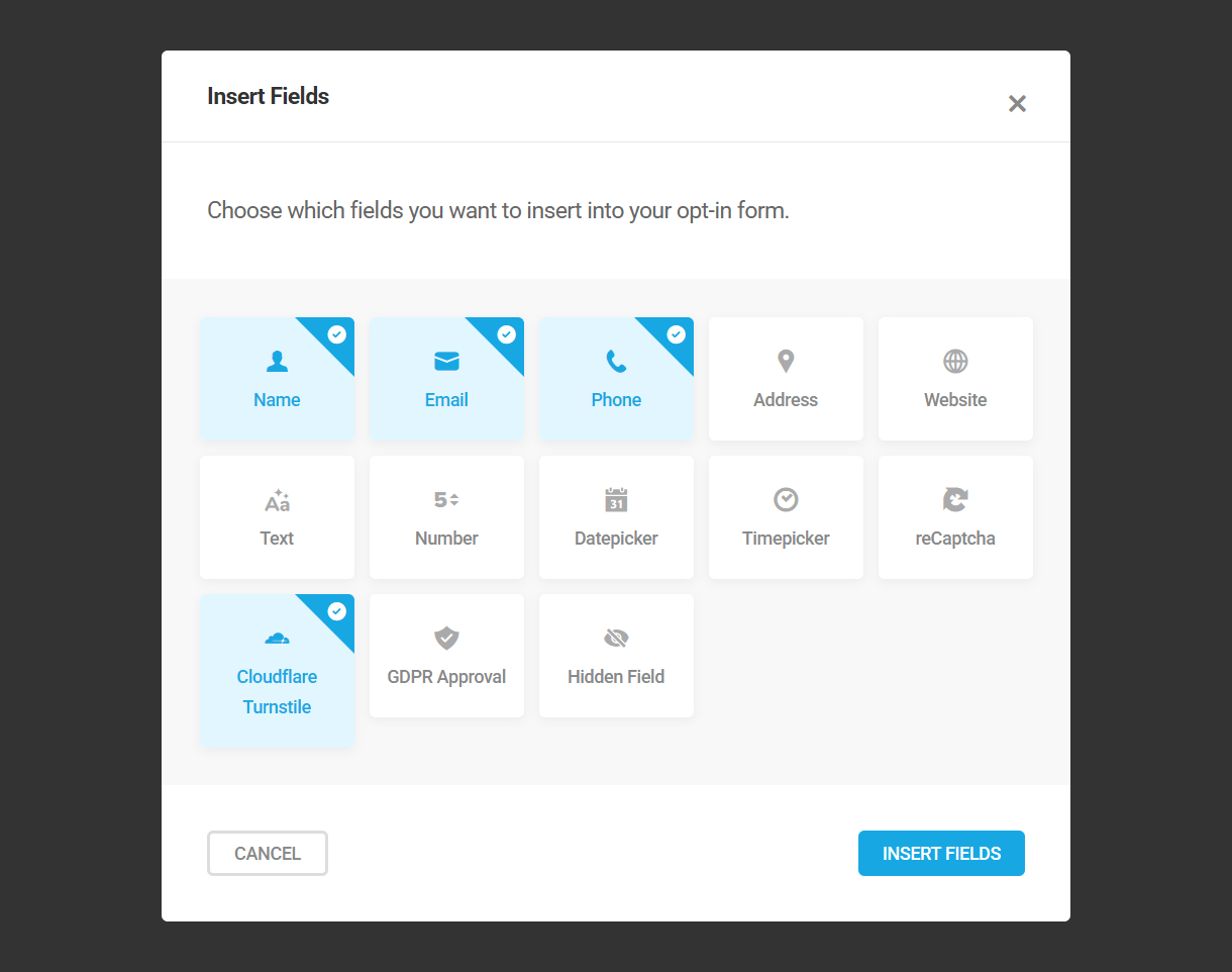 Select email fields to add to Hustle opt-in module