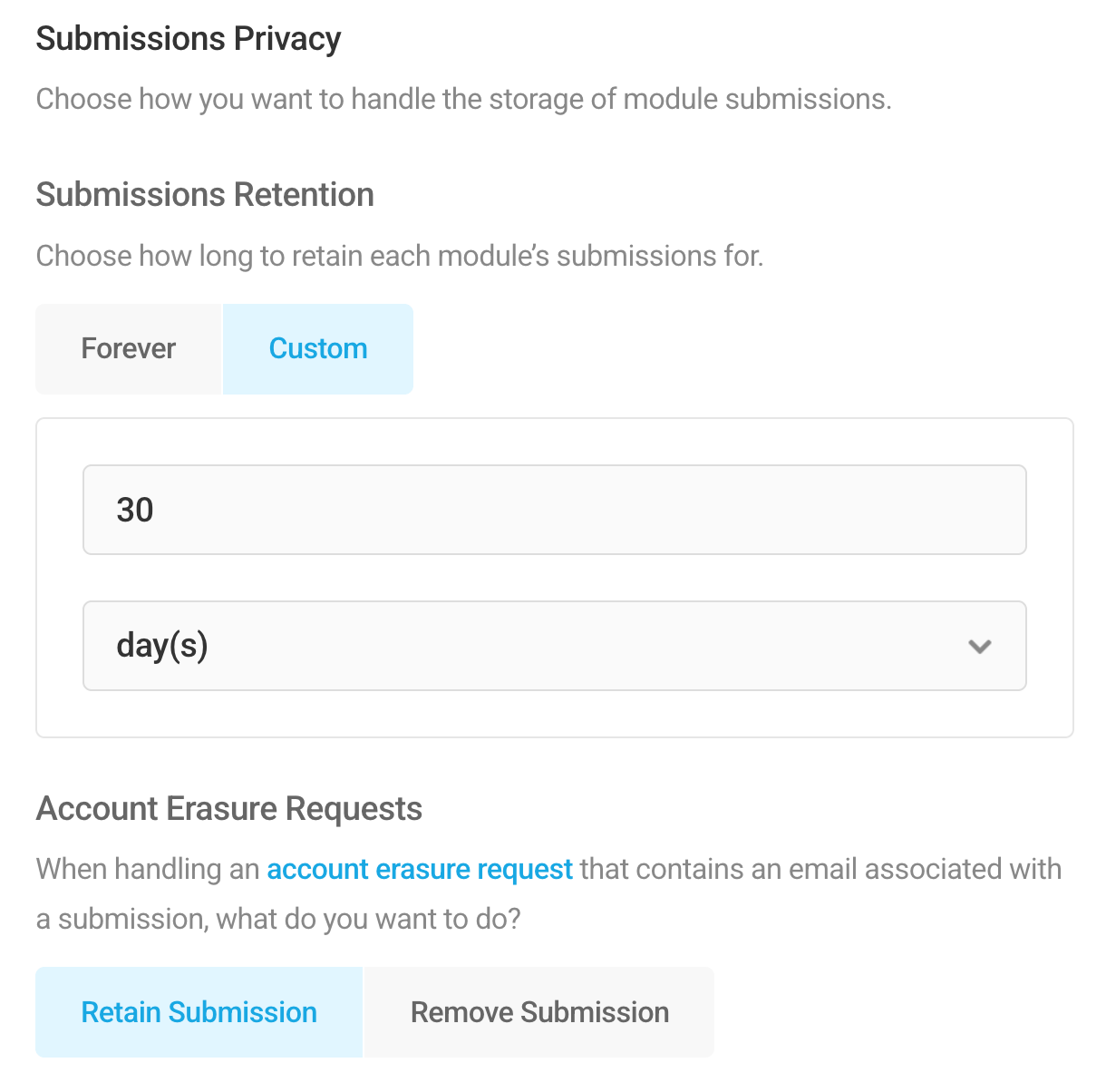 Submission data retention options in Hustle