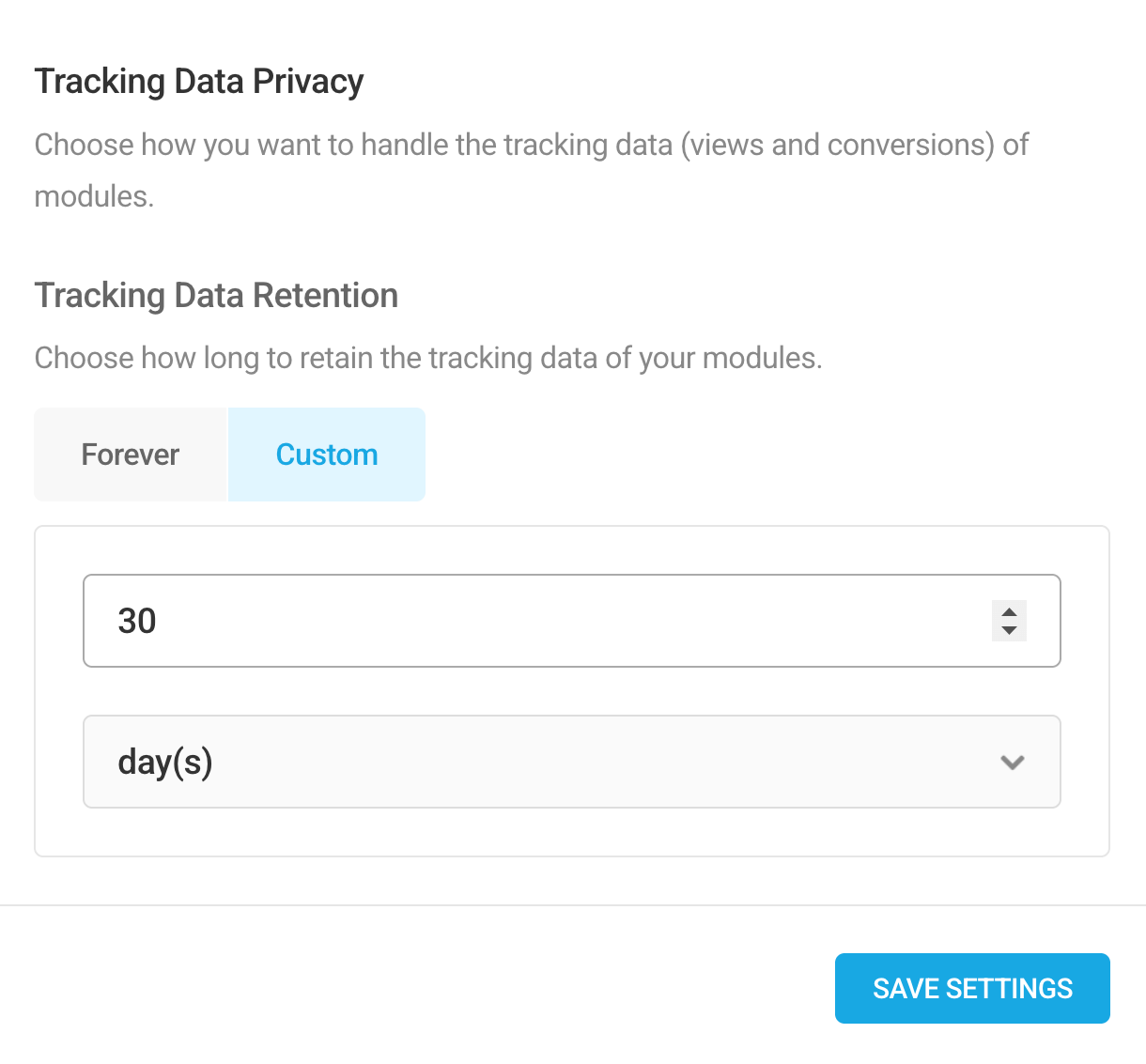 Conversion tracking data retention options in Hustle