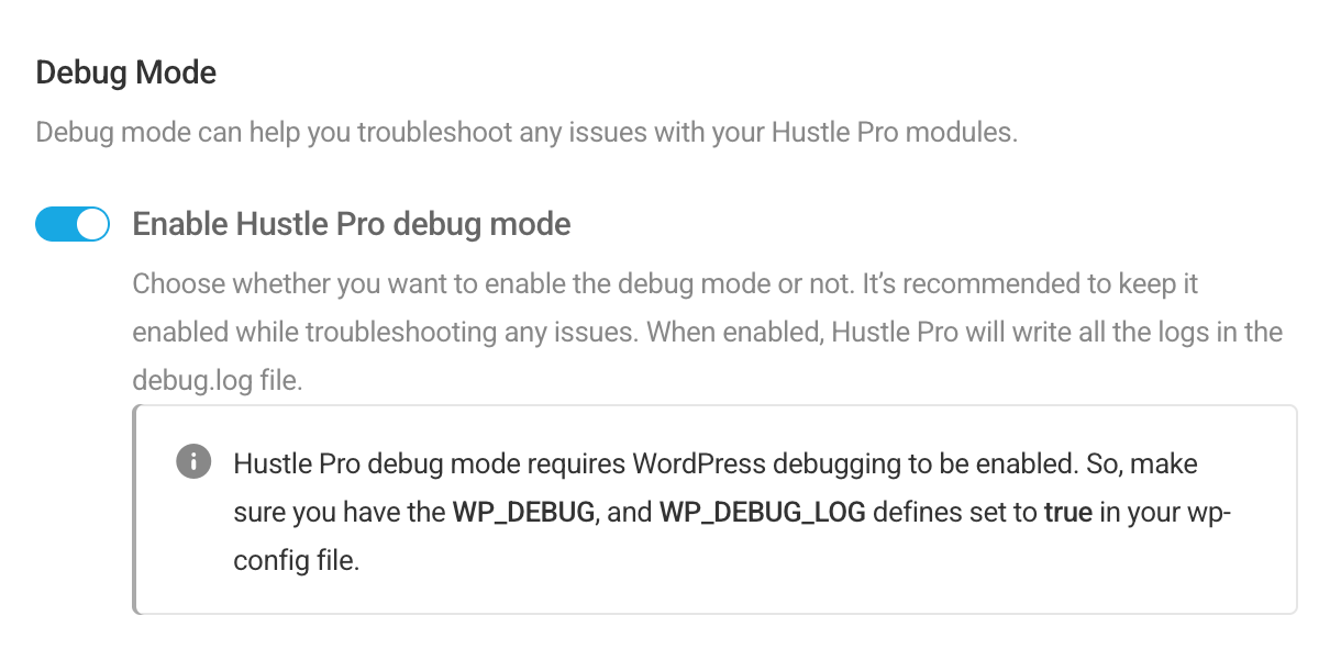 Enable debug mode in Hustle settings