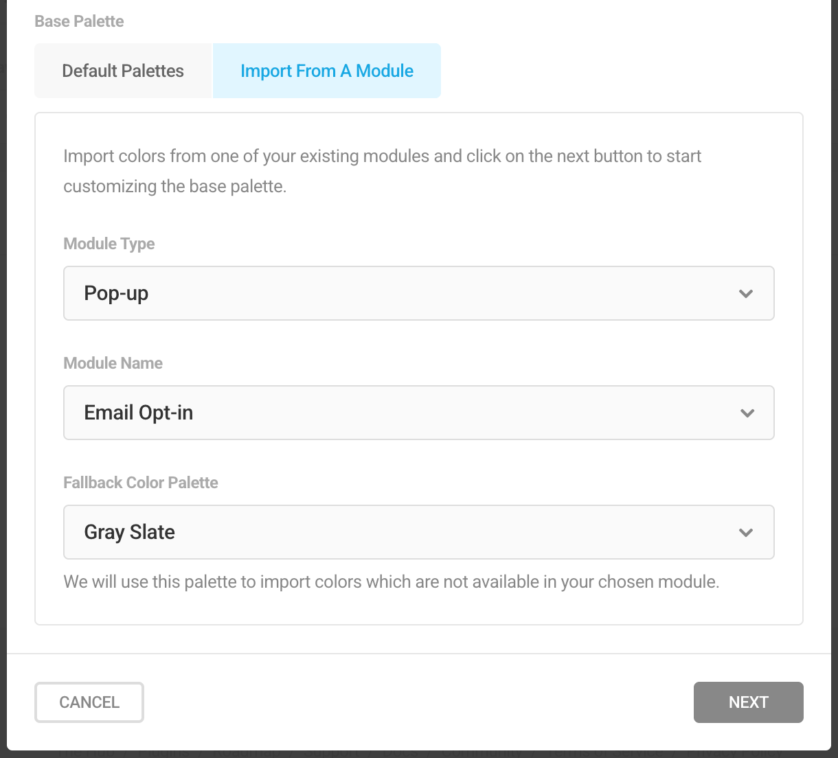 Custom color palette base in Hustle settings