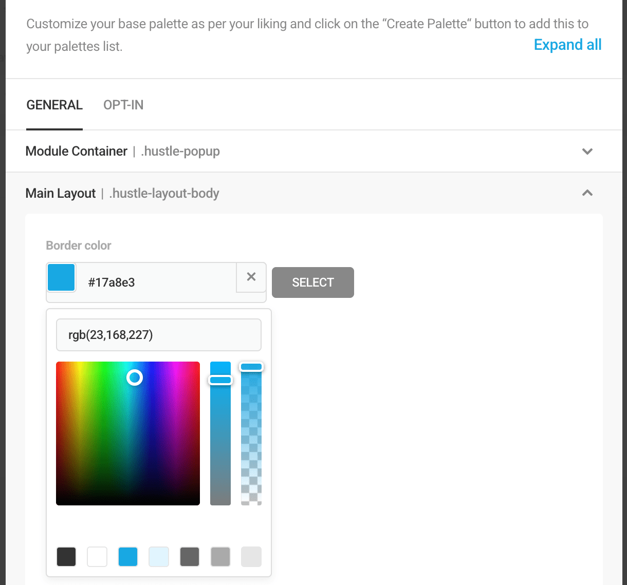 Hustle settings palettes customize 1
