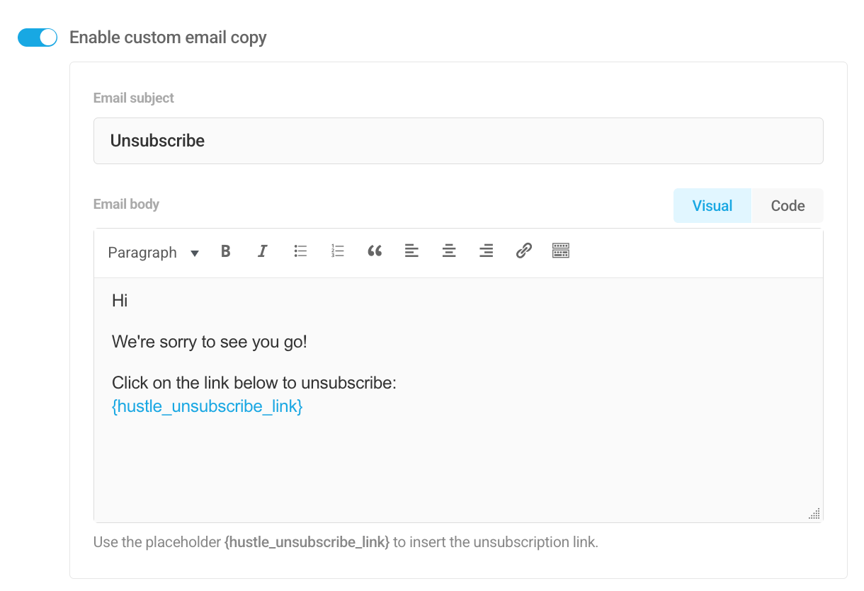 Customize the confirmation email in Hustle unsubscribe options
