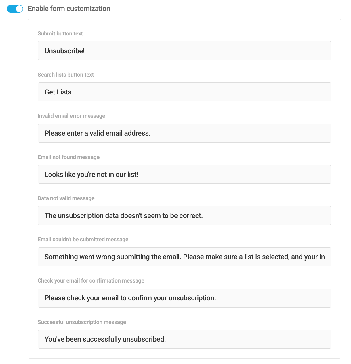 Customize the on-screen message in Hustle unsubscribe form