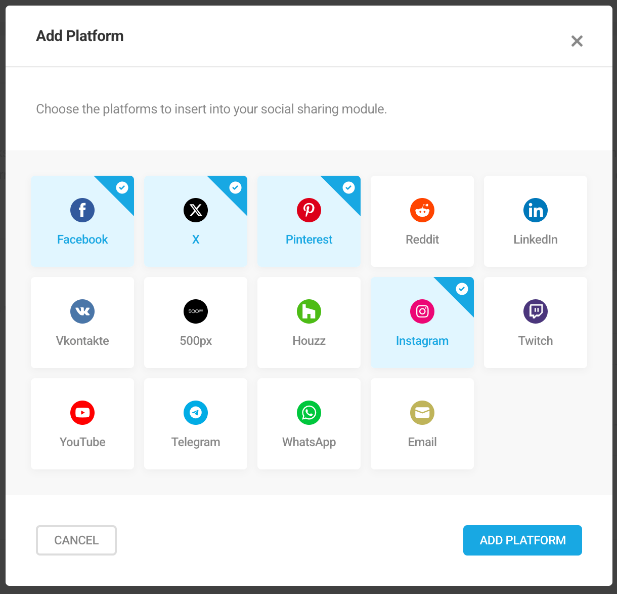 Available social platforms in Hustle social sharing module