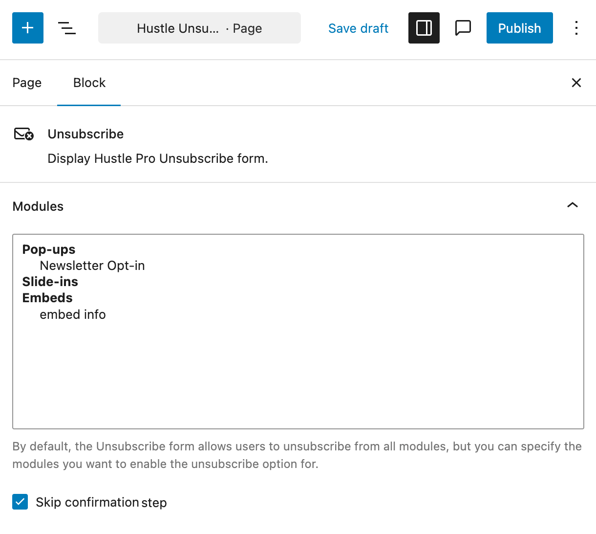 Unsubscribe options in Hustle Gutenberg block