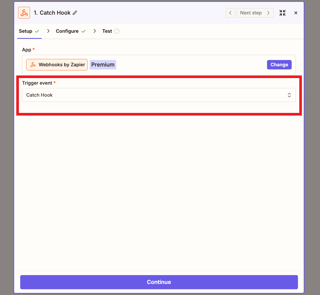Select catch hook at Zapier for integration with Hustle
