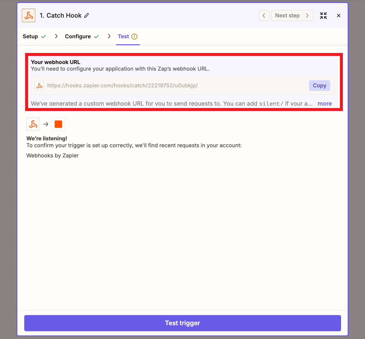 Copy webhook URL at Zapier for integration with Hustle