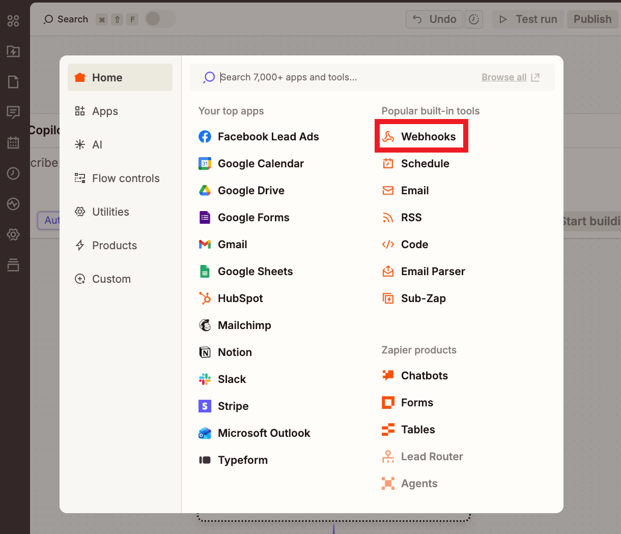 Select Webhooks at Zapier for integration with Hustle