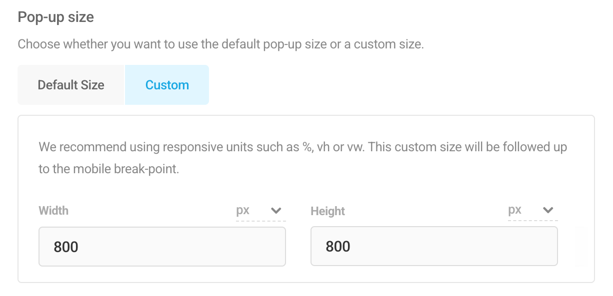 Pop-up custom size