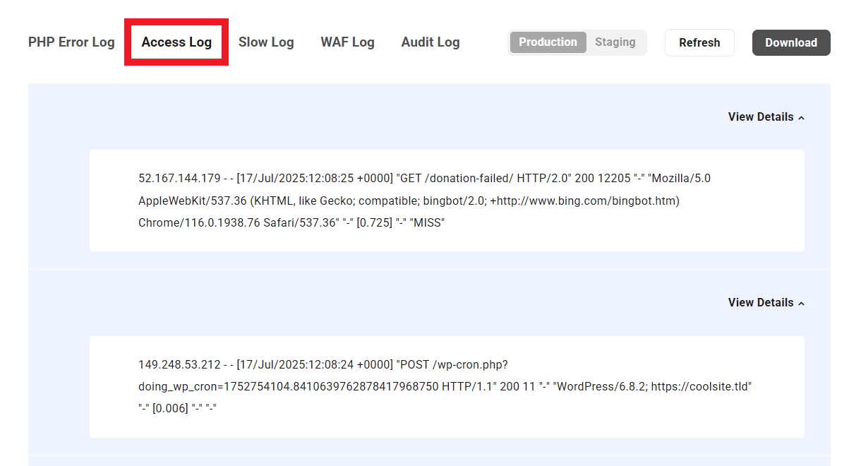 WPMU DEV access log