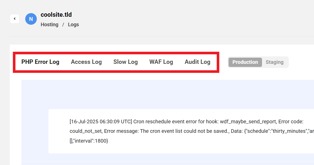 Types of hosting logs available in the Hub