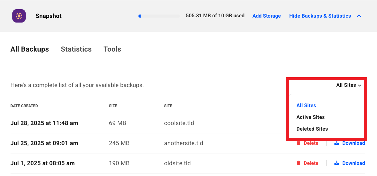 View Snapshot backups on your Account page