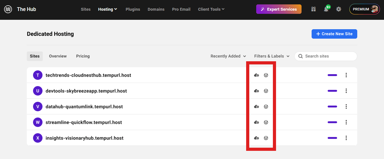 Site list on the Dedicated Hosting landing page in The Hub