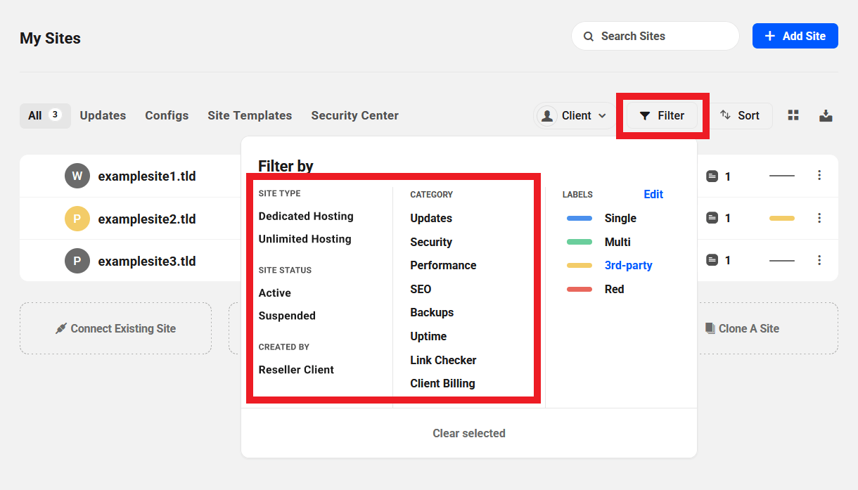 Filter sites by category on the My Sites screen in The Hub