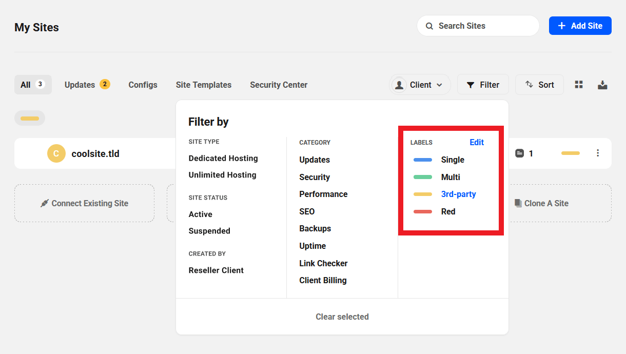 Filter sites by label on the My Sites screen in The Hub