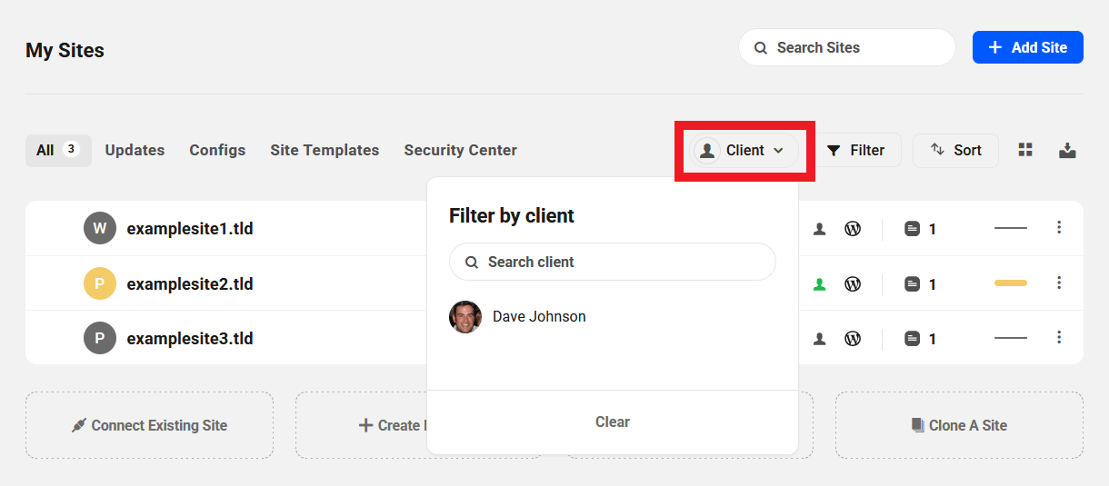 Filter sites by client on the My Sites screen in The Hub